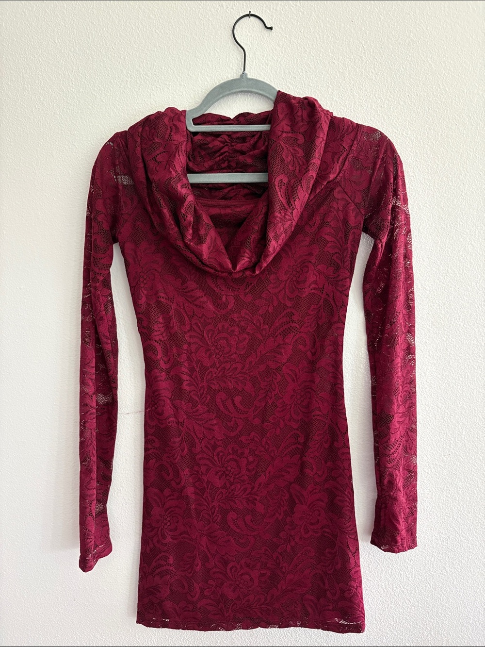 Olivaceous Burgundy Lace Cowl-Neck Dress